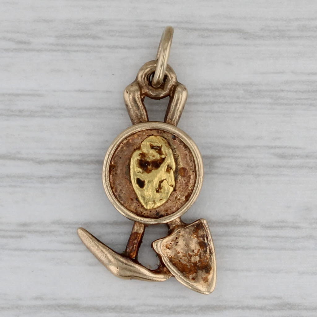 Gray Gold Mining Tools Pendant 14k Yellow Gold Charm Shovel Axe Coin
