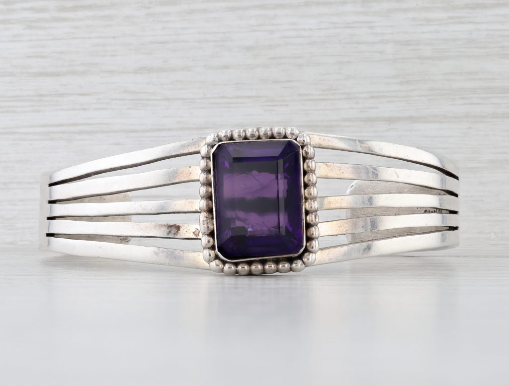 Vintage Navajo Native American Amethyst Cuff Bracelet Sterling Silver Russel Sam