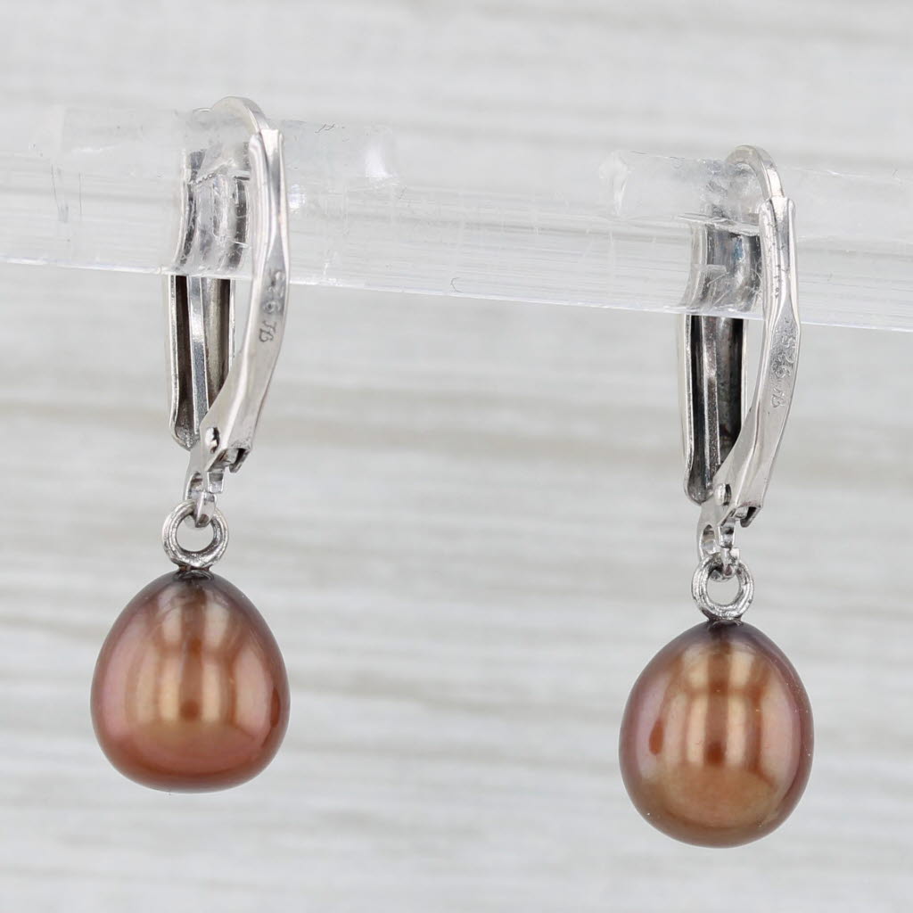 Light Gray Brown Bronze Cultured Pearl Dangle Earrings Sterling Silver Drops Lever Backs