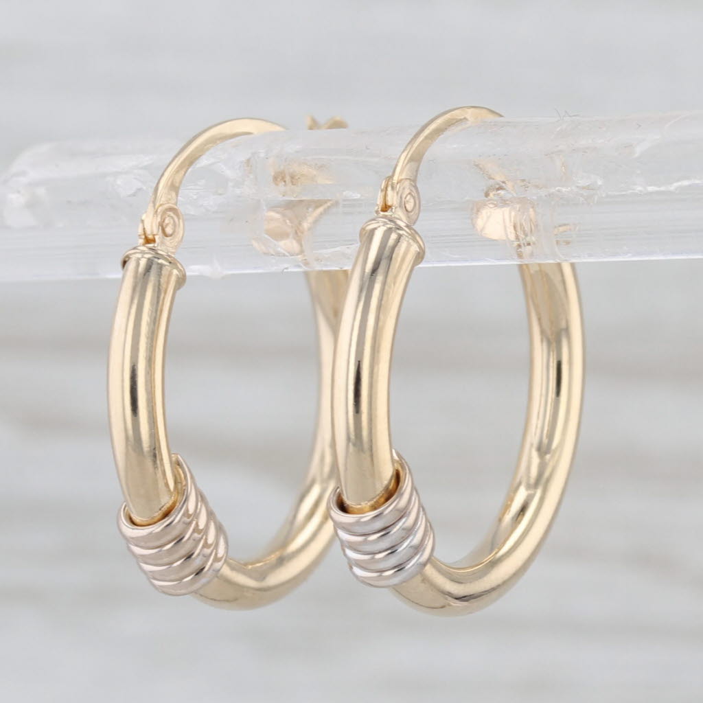 2-Toned Round Hoop Earrings 14k Yellow White Gold Snap Top Hoops
