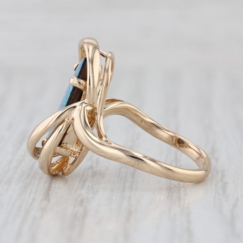 Baroque Oval Blue Green Opal Doublet Ring 14k Yellow Gold Diamond Accents Sz 7