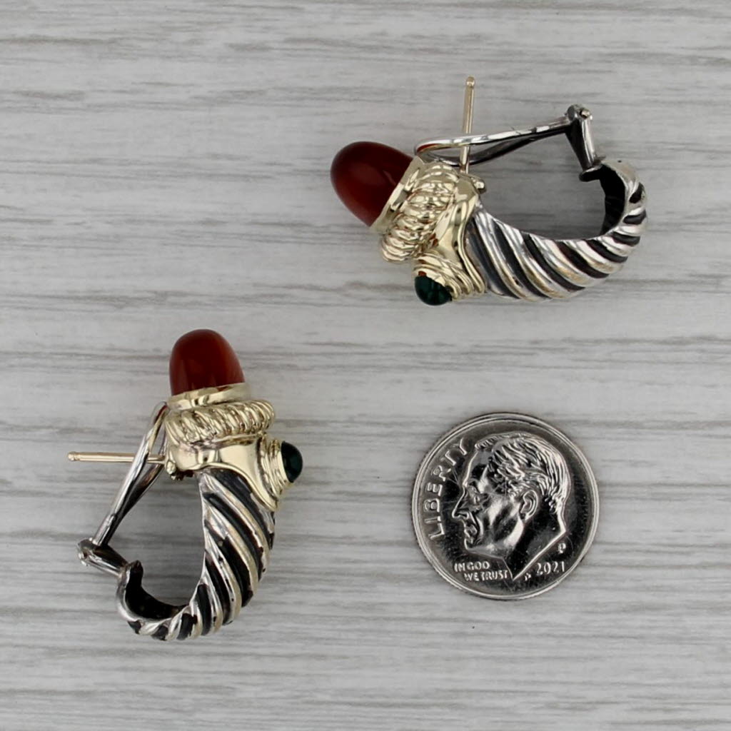 Yurman Carnelian Green Chalcedony J-Hook Earrings Sterling Silver 14k Gold