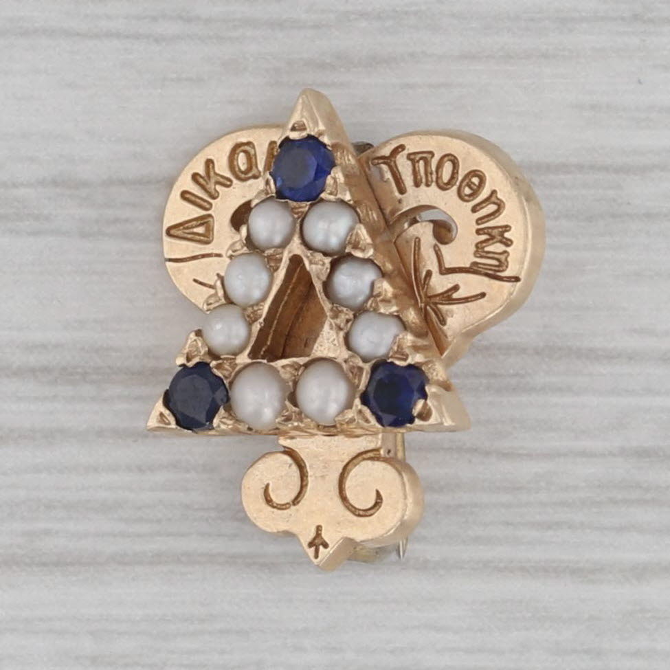 Gray Delta Upsilon Badge 10kGold Pearl Lab Created Sapphire Vintage Fraternity Pin