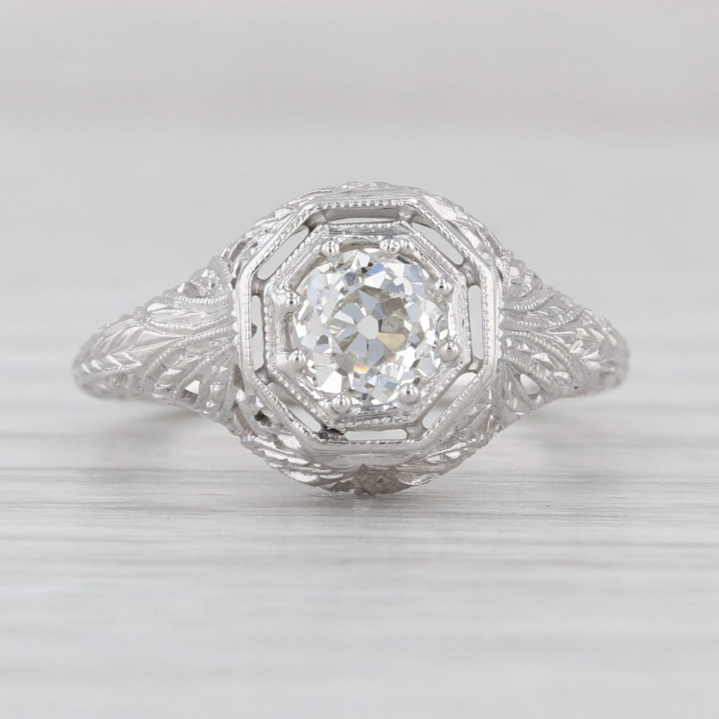 Art Deco GIA 0.67ct Old European Engagement Ring 18k Gold Filigree Size 3.75