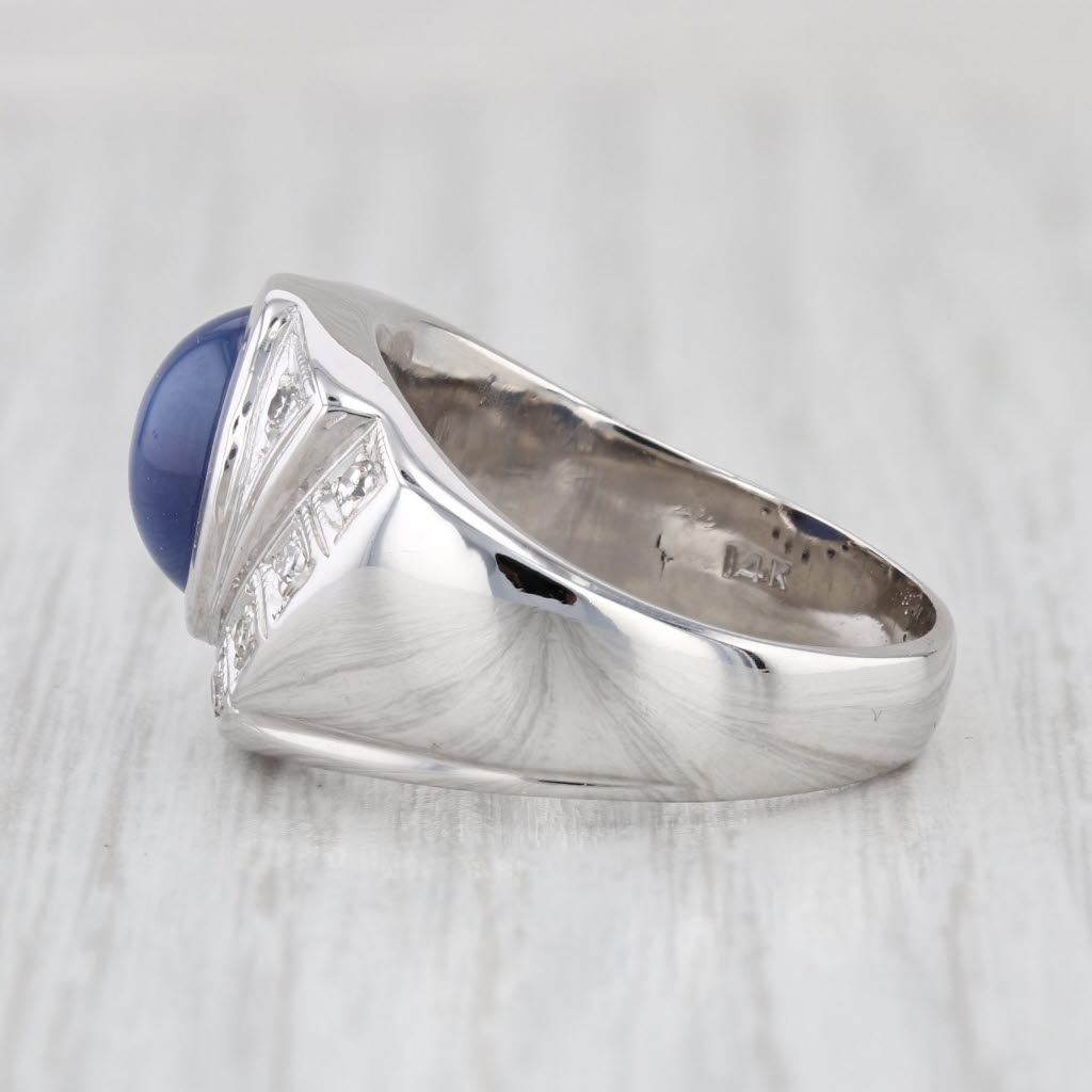 Vintage Cabochon Lab Created Star Sapphire Diamond Ring 14k White Gold Size 8.5