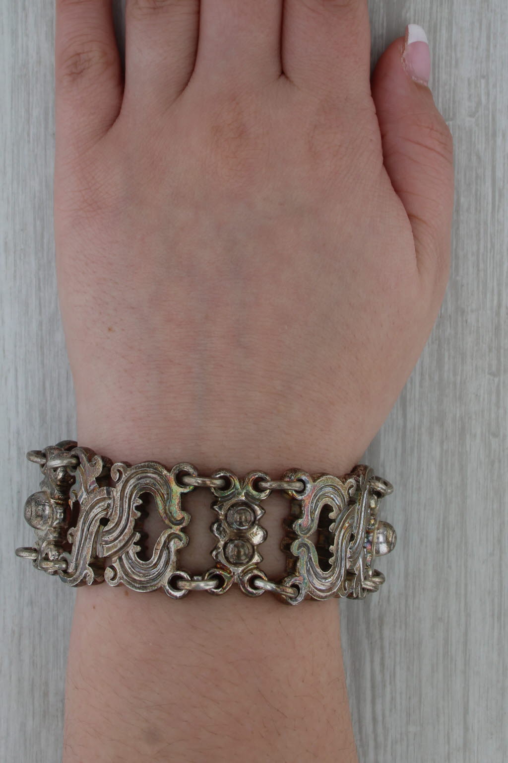 Antonio Pineda Taxco Bracelet 970 Silver Vintage Ornate Statement 7.5" 30mm
