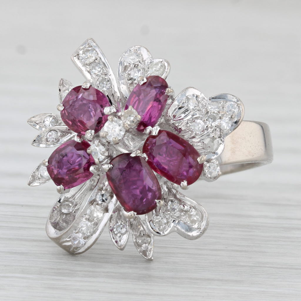 Light Gray 3.19ctw Ruby Diamond Cluster Flower Ring Gold Silver Palladium Size 7 Cocktail