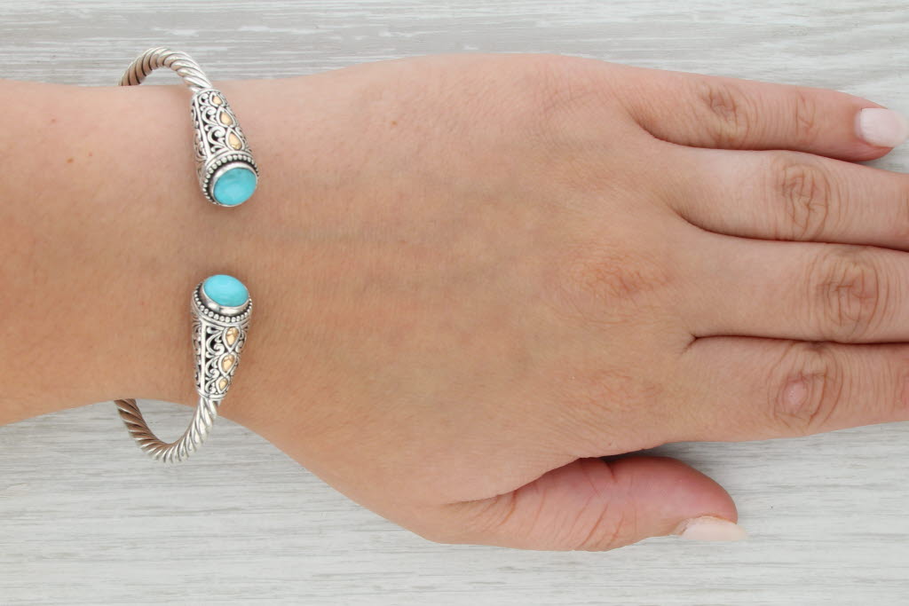 Imitation Turquoise Ornate Cuff Bracelet Sterling Silver 18k Gold Hinged 7.5"