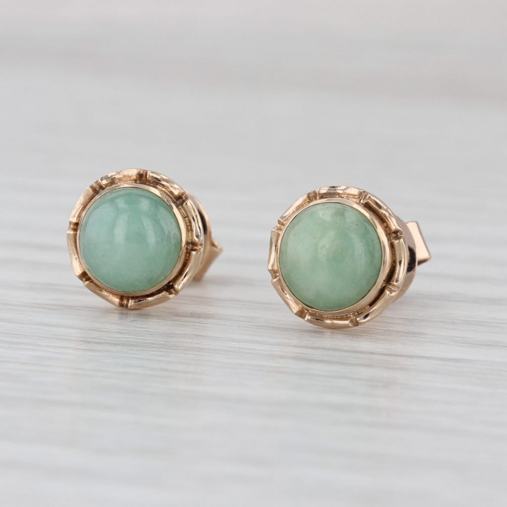 Green Jadeite Jade Stud Earrings 14k Yellow Gold Round Cabochon Studs