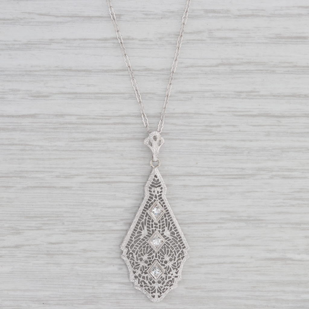 Light Gray Art Deco Diamond Filigree Pendant Necklace 10k White Gold 17" Crinkle Chain