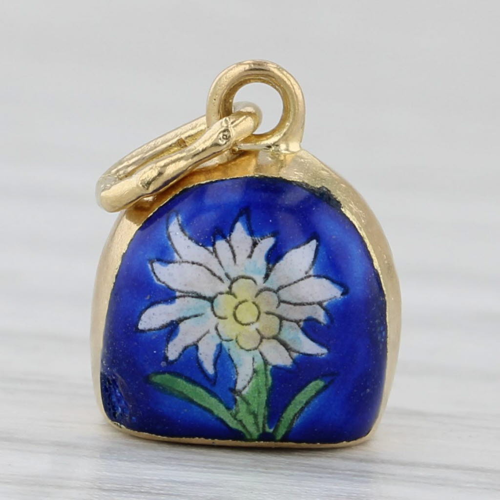 Light Gray Vintage Edelweiss Flower Bell Charm 18k Gold Enamel Souvenir Souvenir Pendant