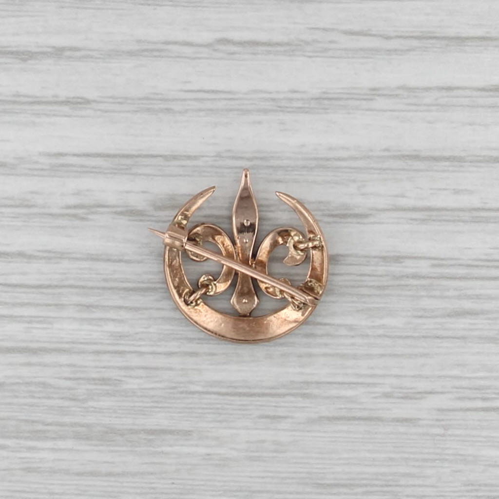 Antique Seed Pearl Fleur De Lis Crescent Pin 10k Rose Gold