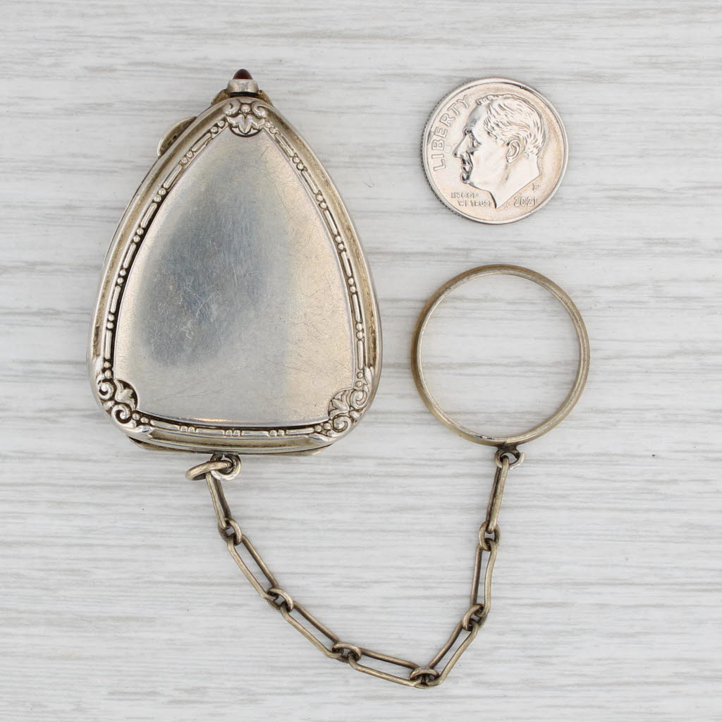 Light Gray Antique Guilloche Enamel Glass Mirror Powder Compact Fob Sterling Silver Opens