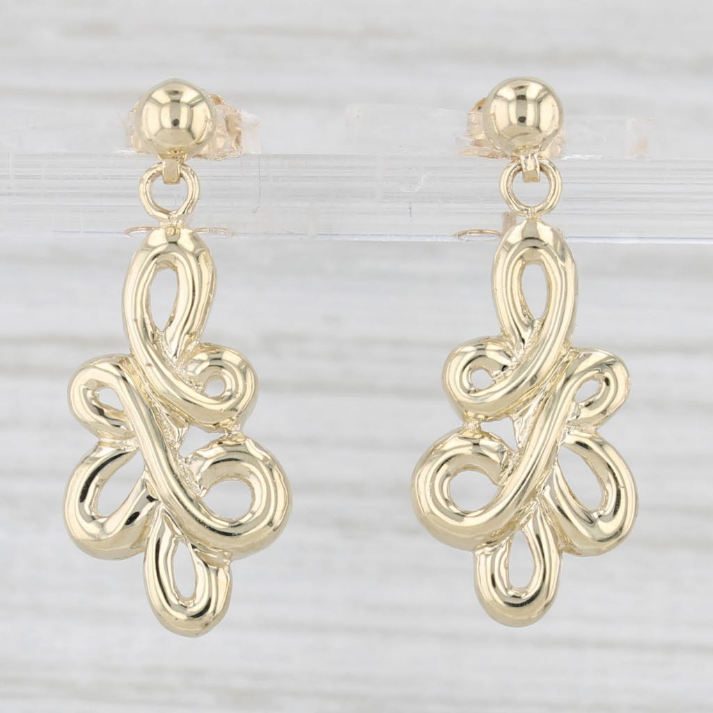 Light Gray Scroll Work Dangle Earrings 10k Yellow Gold Pierced Drops