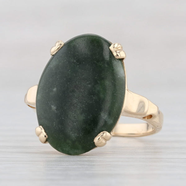 Light Gray Vintage Nephrite Jade Ring 14k Yellow Gold Size 6.5 Oval Cabochon