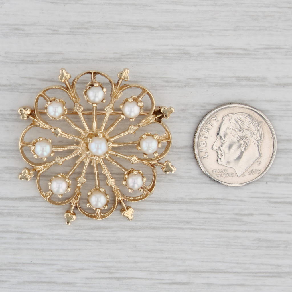 Light Gray Cultured Pearl Flower Pin 14k Yellow Gold Vintage Floral Statement Brooch