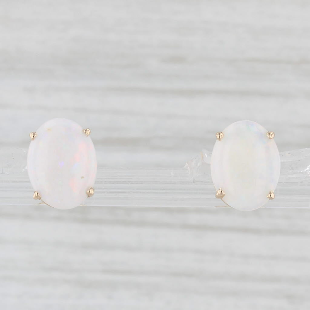 Light Gray Oval Cabochon Opal Stud Earrings 14k Yellow Gold Solitaire Studs