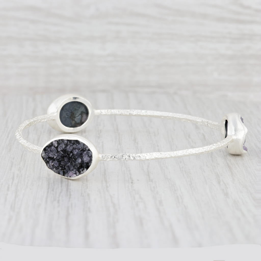 New Nina Wynn Amethyst Druzy Bangle Bracelet Sterling Silver 8.5” Statement