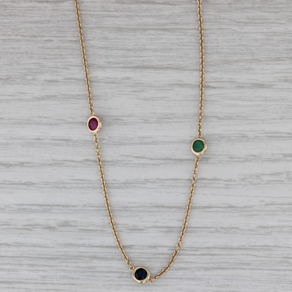 Gray 1.65ctw Gemstone Station Necklace 14k Gold Cable Chain Emerald Ruby Sapphire