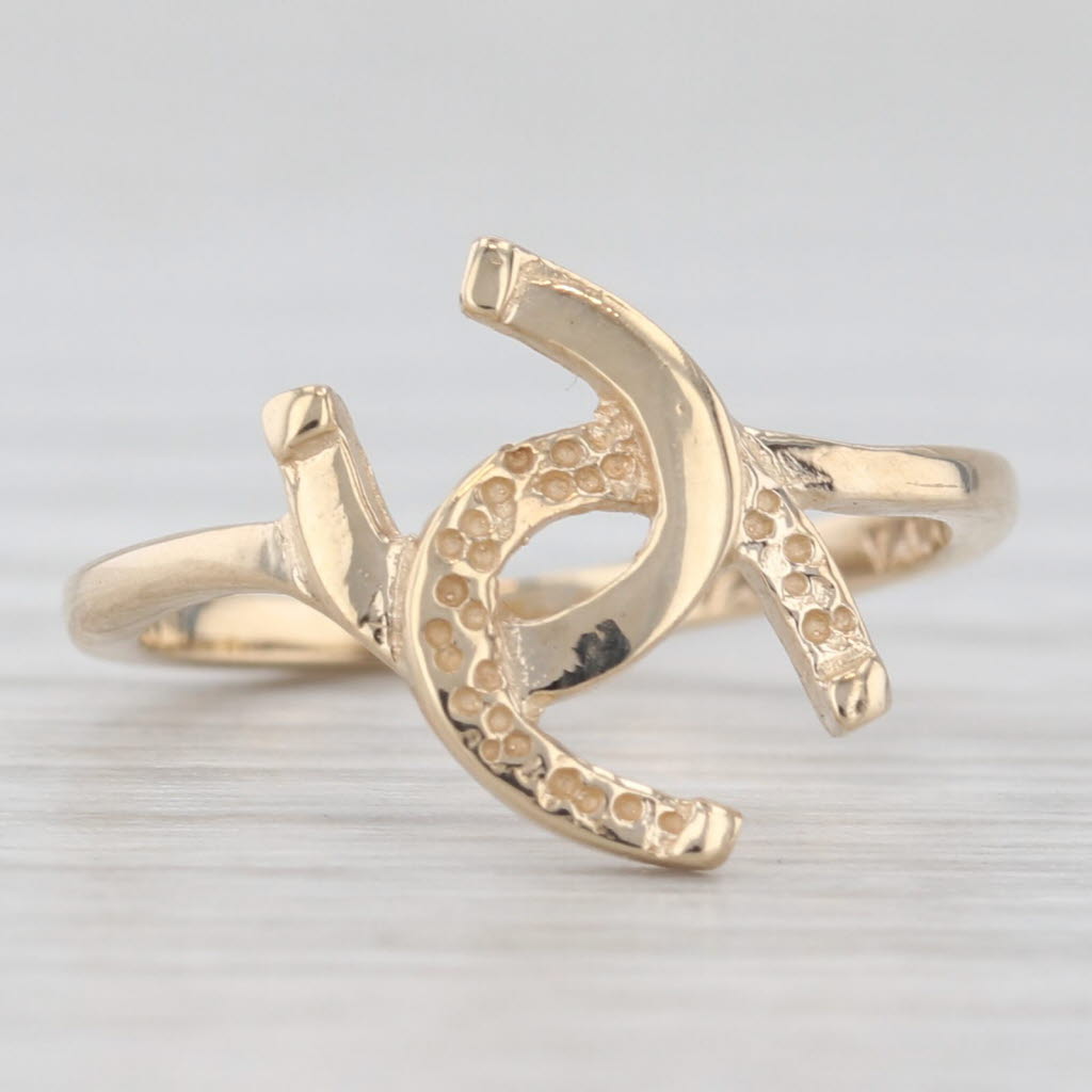 Interlocking Horseshoes Ring 14k Yellow Gold Small Size 2 Good Luck Western