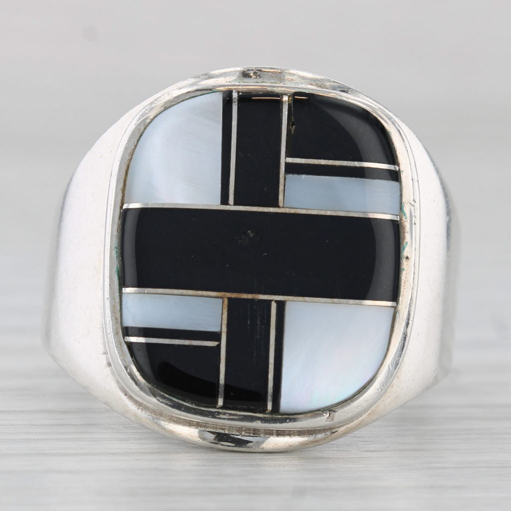 Light Gray Mother of Pearl Quartzite Mosaic Ring Sterling Silver Size 12 Angie Tom Navajo