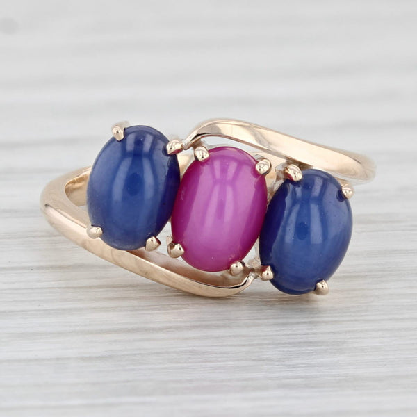 Lab Created Linde Star Ruby Sapphire Ring 14k Yellow Gold Sz 5.25 Bypass 3-Stone