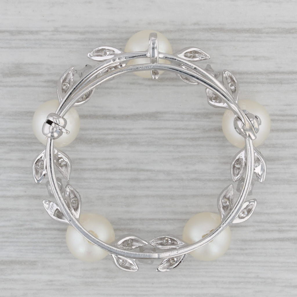 Gray Vintage Cultured Pearl 0.35ctw Diamond Wreath Brooch Pendant 14k White Gold Pin