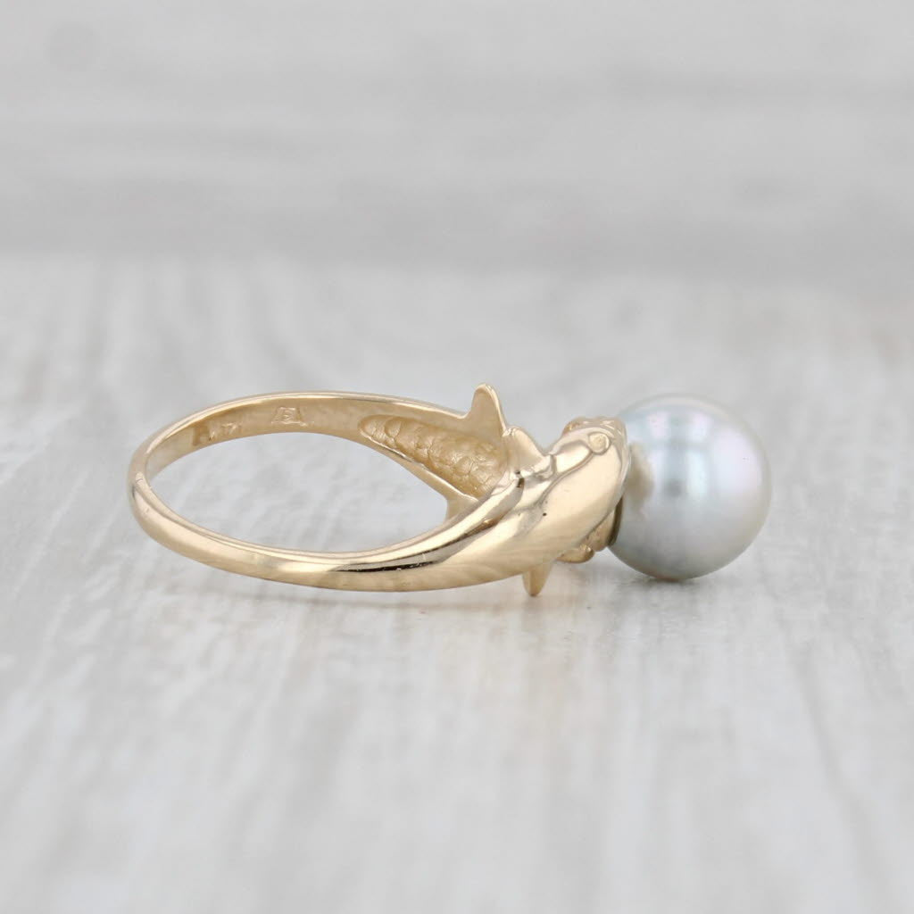 Light Gray Cultured Gray Pearl Dolphin Bypass Ring 14k Yellow Gold Size 5.75