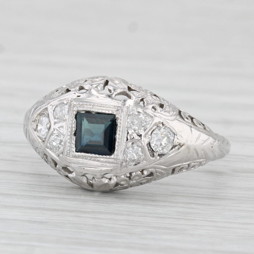 Light Gray Vintage 0.56ct Blue Sapphire Filigree Vintage Ring 18k Gold Size 6.5 Engagement