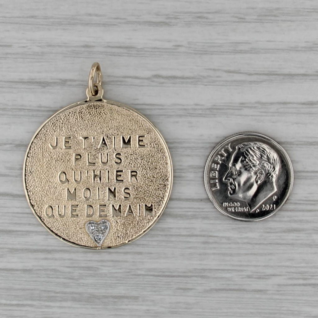 Diamond Heart Je T'aime Plus Qu'hier moins Que Demain Medallion Pendant 14k Gold
