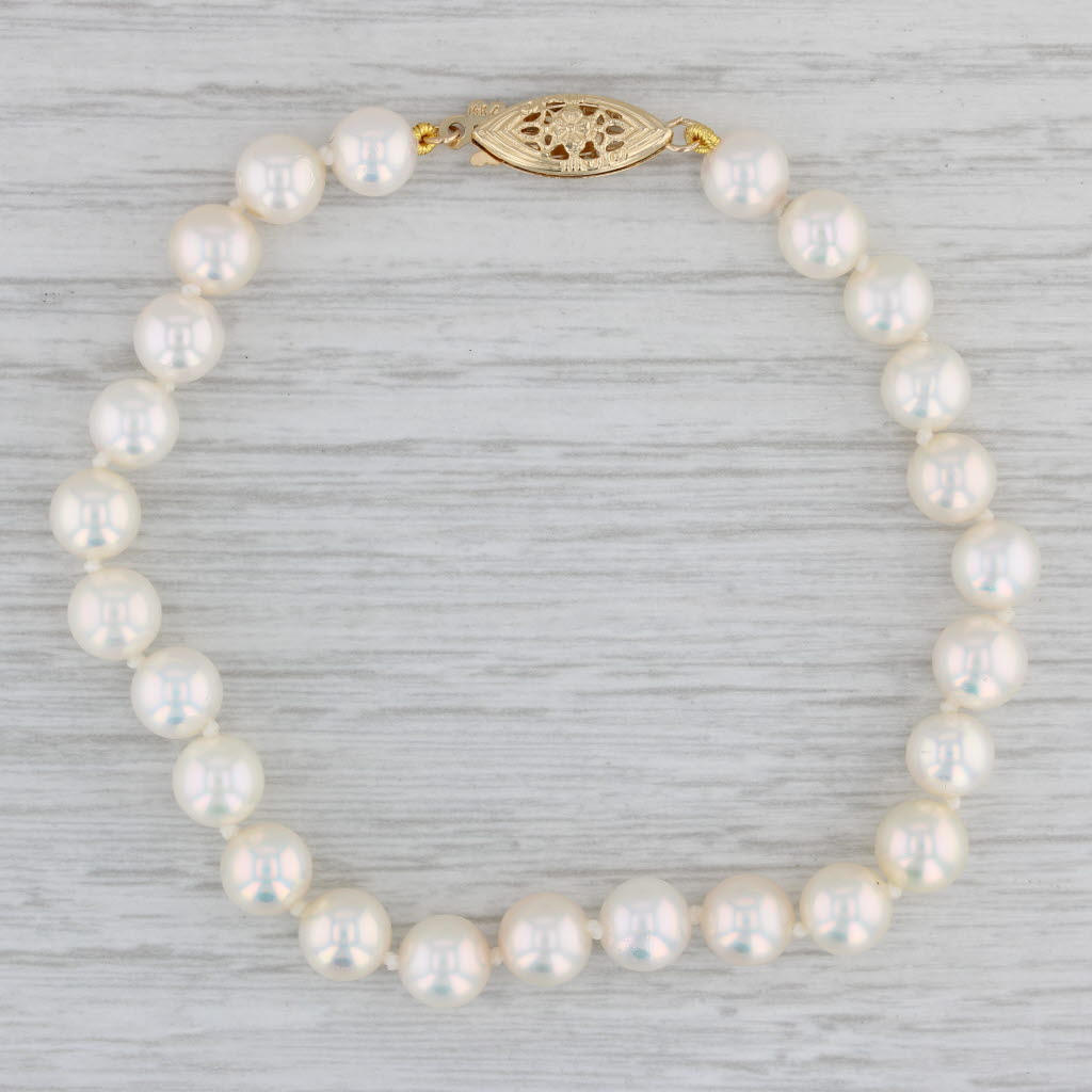 Gray Cultured Pearl Bead Strand Bracelet 14k Gold Floral Clasp 7"