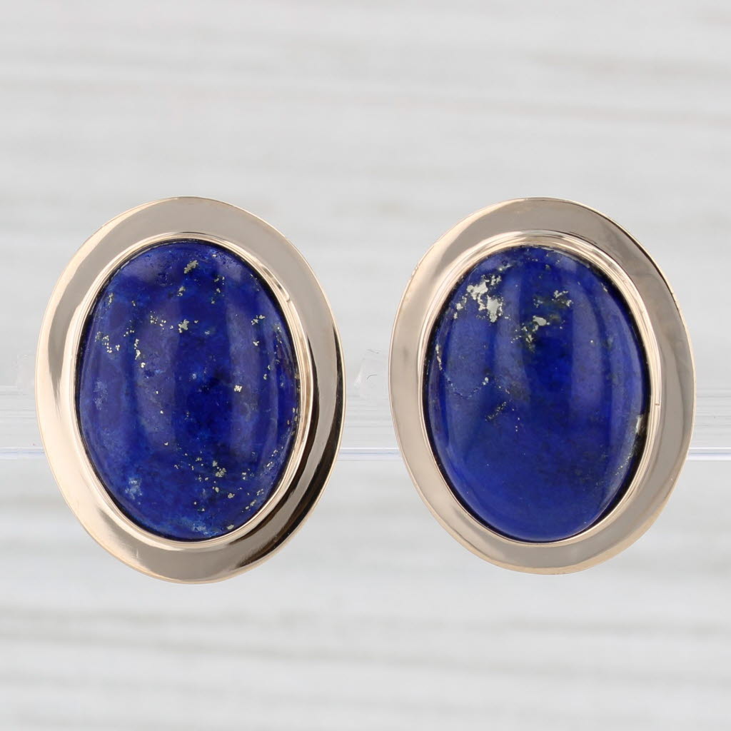 Light Gray Blue Lapis Lazuli Oval Cabochon Stud Earrings 14k Yellow Gold