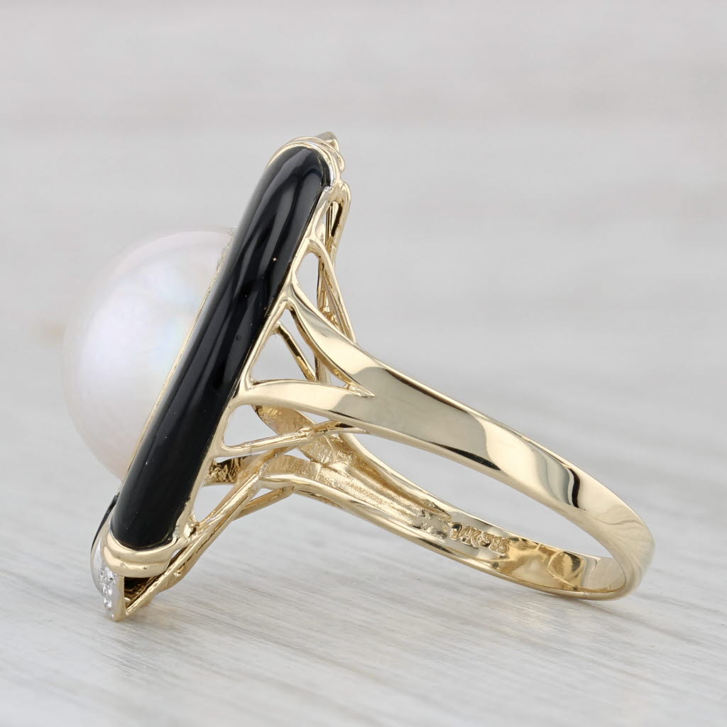 Light Gray Mabe Pearl Diamond Onyx Ring 14k Yellow Gold Size 8 Cocktail