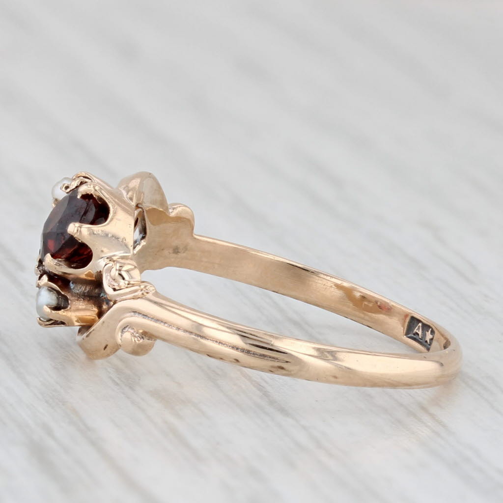 Light Gray Victorian 1ctw Garnet Pearl Bypass Ring 9k Yellow Gold Size 7