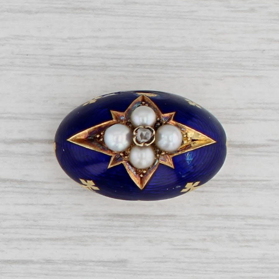 Light Gray Antique Pearl Diamond Enamel Brooch 14k Gold Enamel Pin