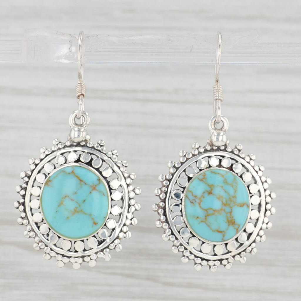 Light Gray Turquoise Dangle Earrings Sterling Silver Hook Posts Round Cabochons Drops