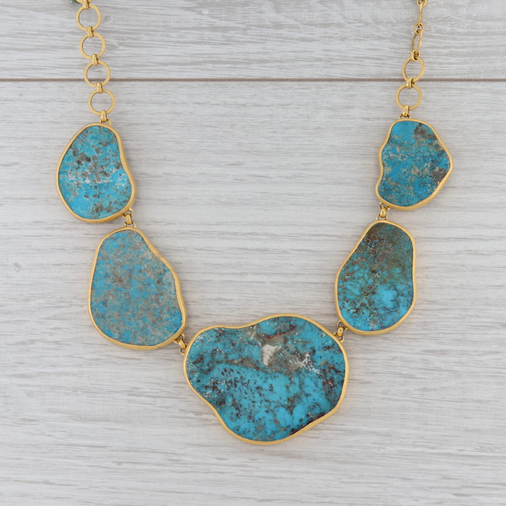 New Nina Wynn Turquoise Statement Necklace Sterling 22k Gold Vermeil 20"