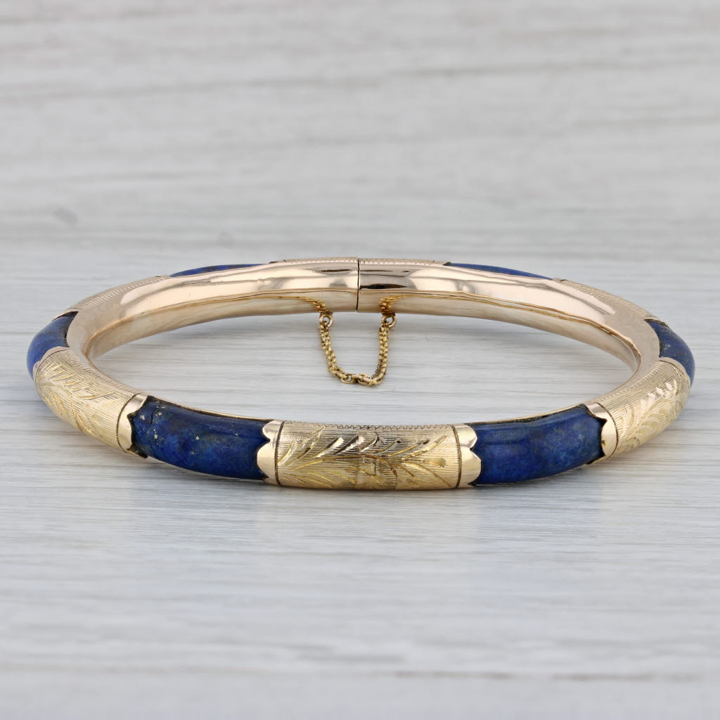 Gray Vintage Lapis Lazuli Bangle Bracelet 14k Yellow Gold 7.5" 6.7mm Ornate