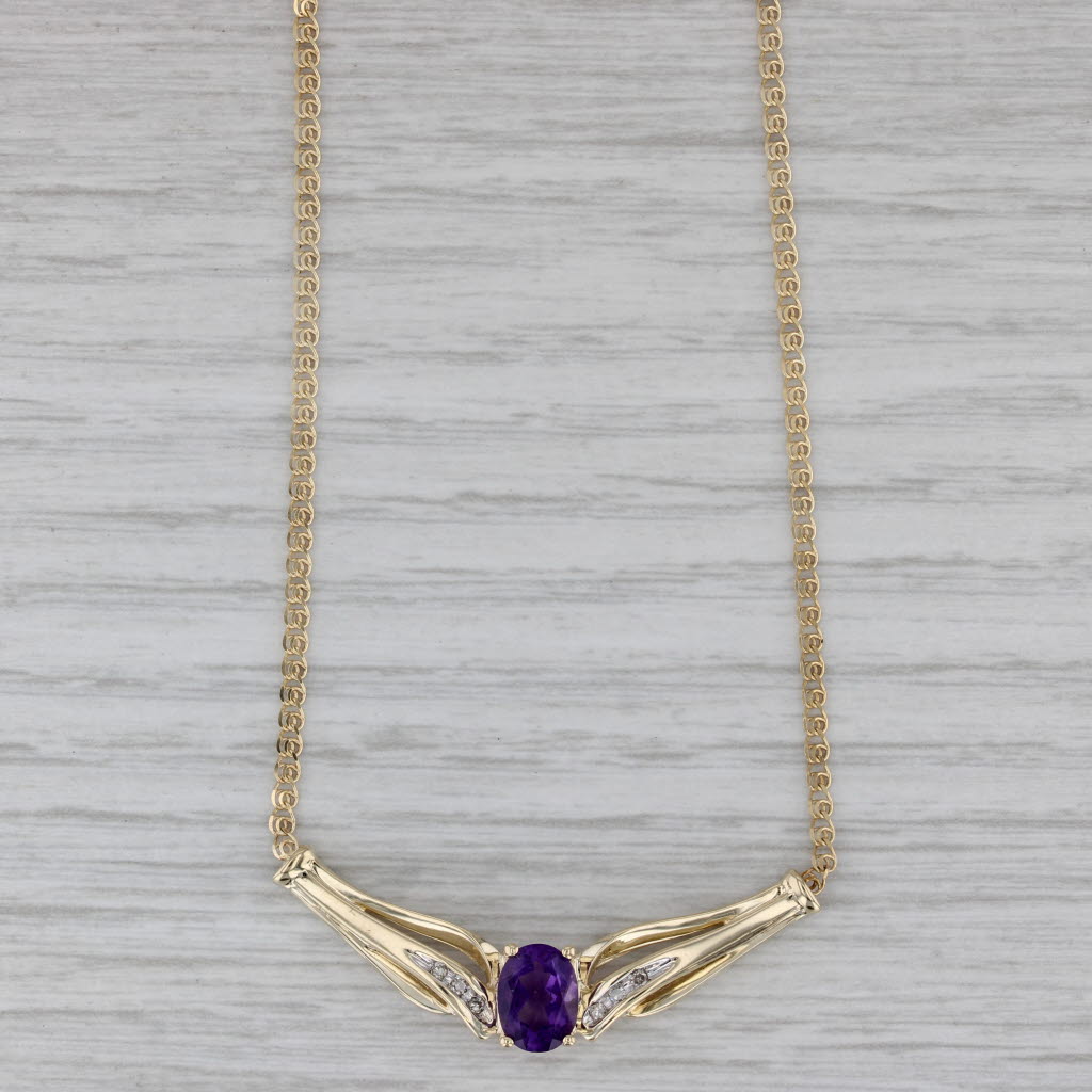 Gray 1.11ctw Amethyst Diamond V Pendant Necklace 10k Yellow Gold 18.5" Curb Chain