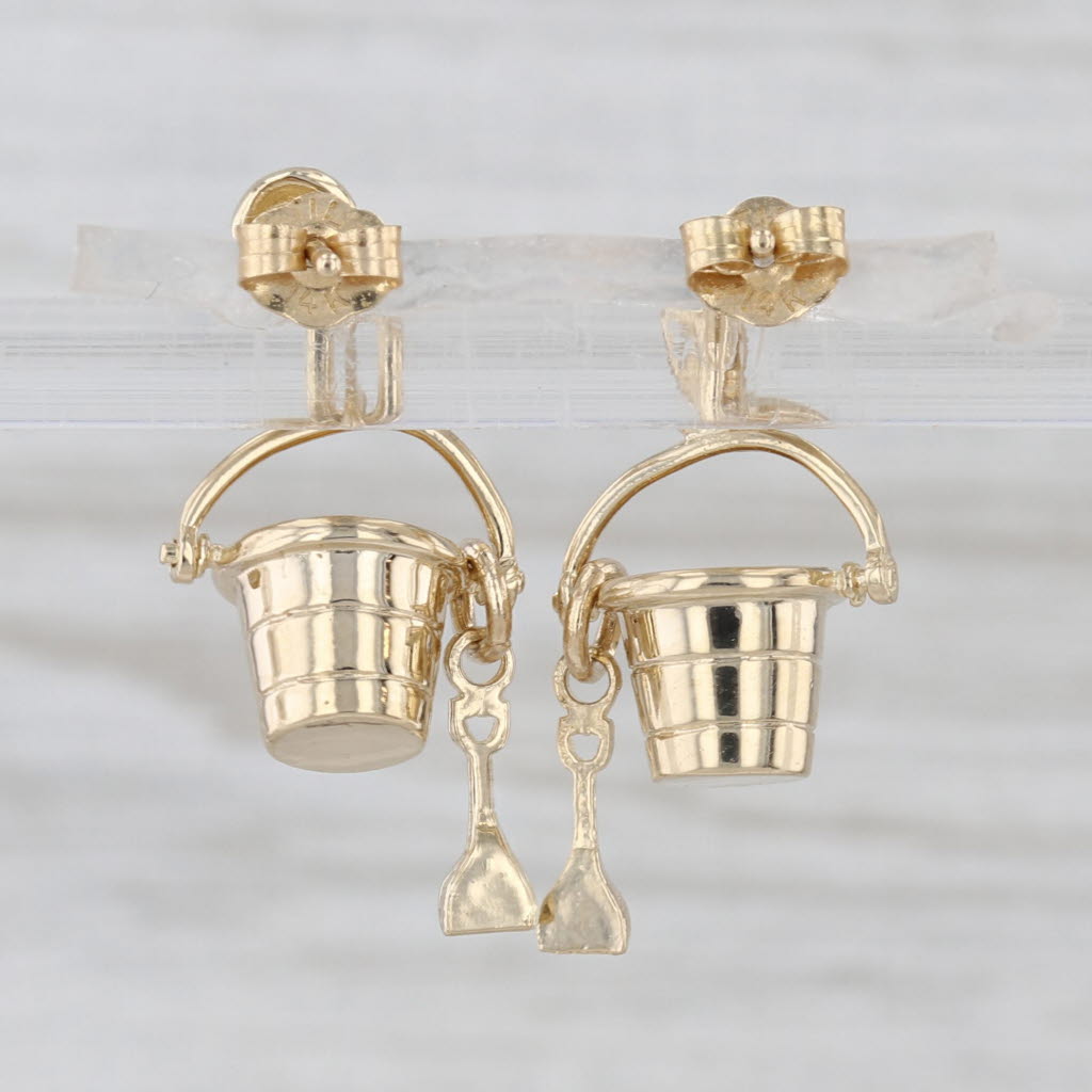 Sandbucket Shovel Dangle Earrings 14k Yellow Gold Beach Nautical Theme Jewelry