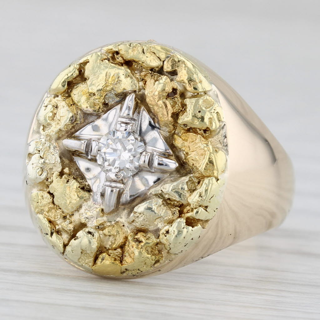 Light Gray Vintage 0.22ct Diamond Solitaire Gold Nugget Ring 10k 18k Yellow Gold Size 9.25