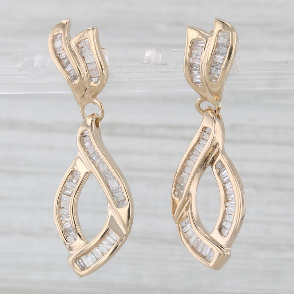 Light Gray 1ctw Diamond Teardrop Earrings 10k Yellow Gold Pierced Dangles