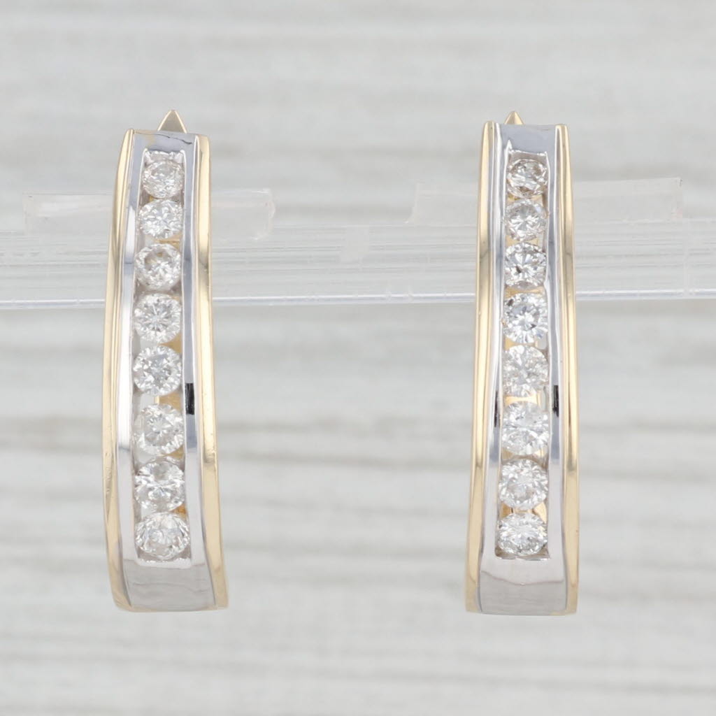 Light Gray 0.70ctw Diamond J-Hoop Hoop Earrings 14k Yellow Gold Snap Top Pierced