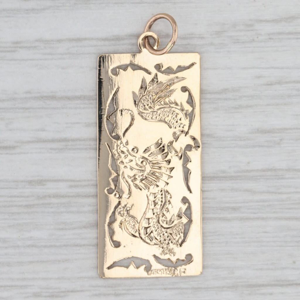 Light Gray Chinese Dragon Calligraphy Reversible Pendant 14k Yellow Gold Luck Health Love