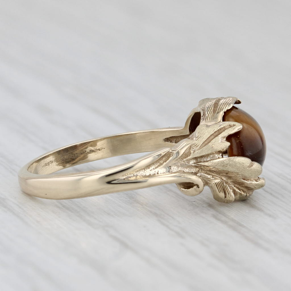 Light Gray Tiger's Eye Leaf Ring 10k Yellow Gold Size 6.25 Oval Cabochon