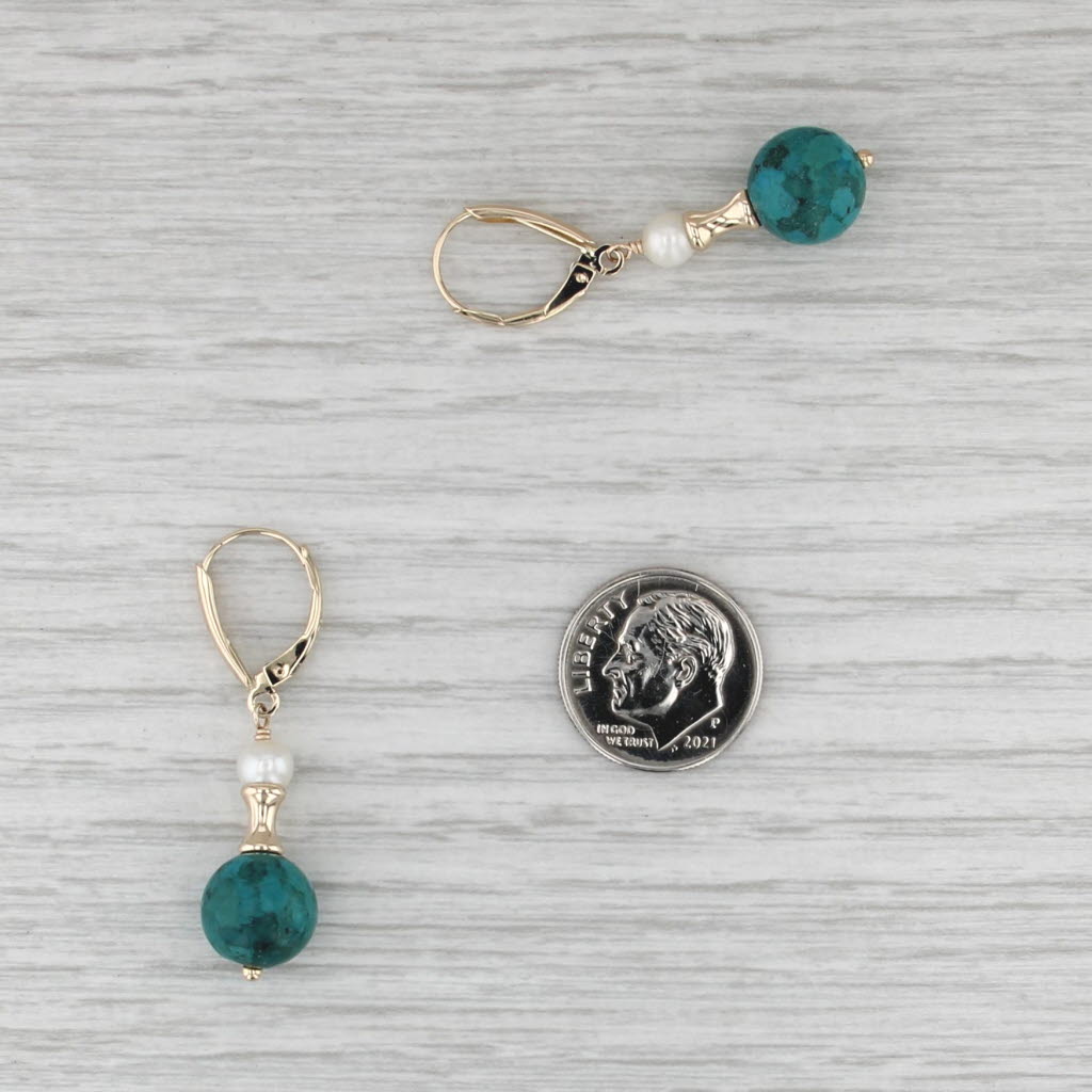 Cultured Pearl Green Bead Dangle Earrings 14k Yellow Gold Lever Backs