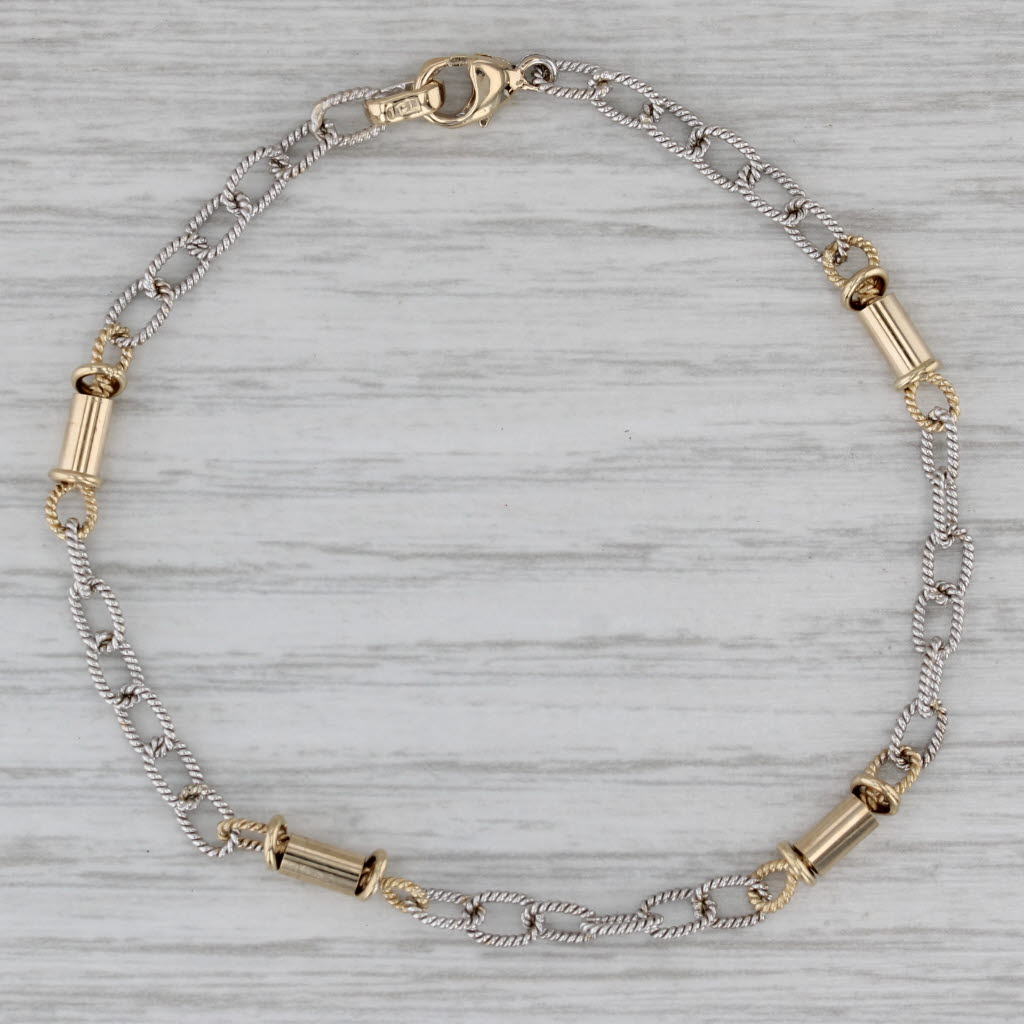 Gray 6 3/4" Cable Chain Tube Station Bracelet 14k White Yellow Gold