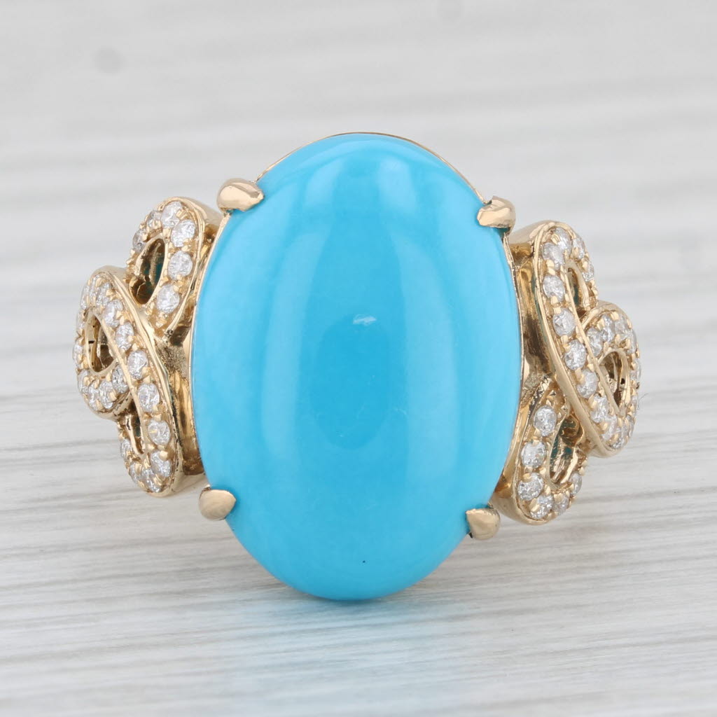 Light Gray Oval Cabochon Turquoise Diamond Ring 18k Yellow Gold Size 8.25