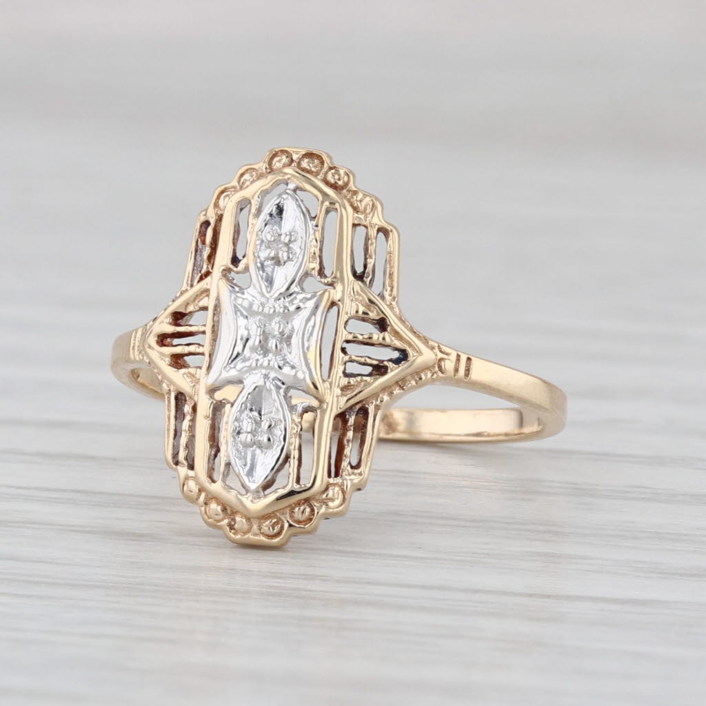 Vintage Diamond Filigree Ring 10k White Yellow Gold Size 6.5