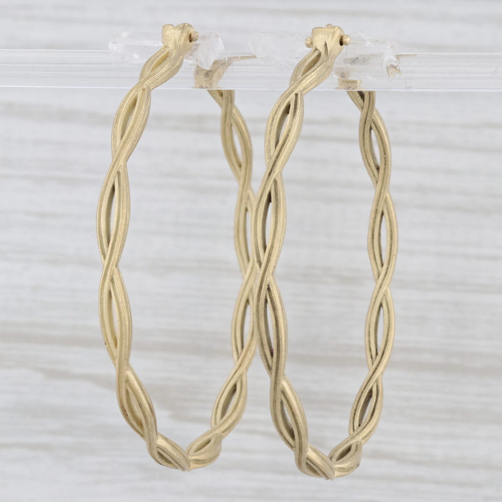 Light Gray Woven Round Hoop Earrings 18k Yellow Gold Snap Top Large Hoops